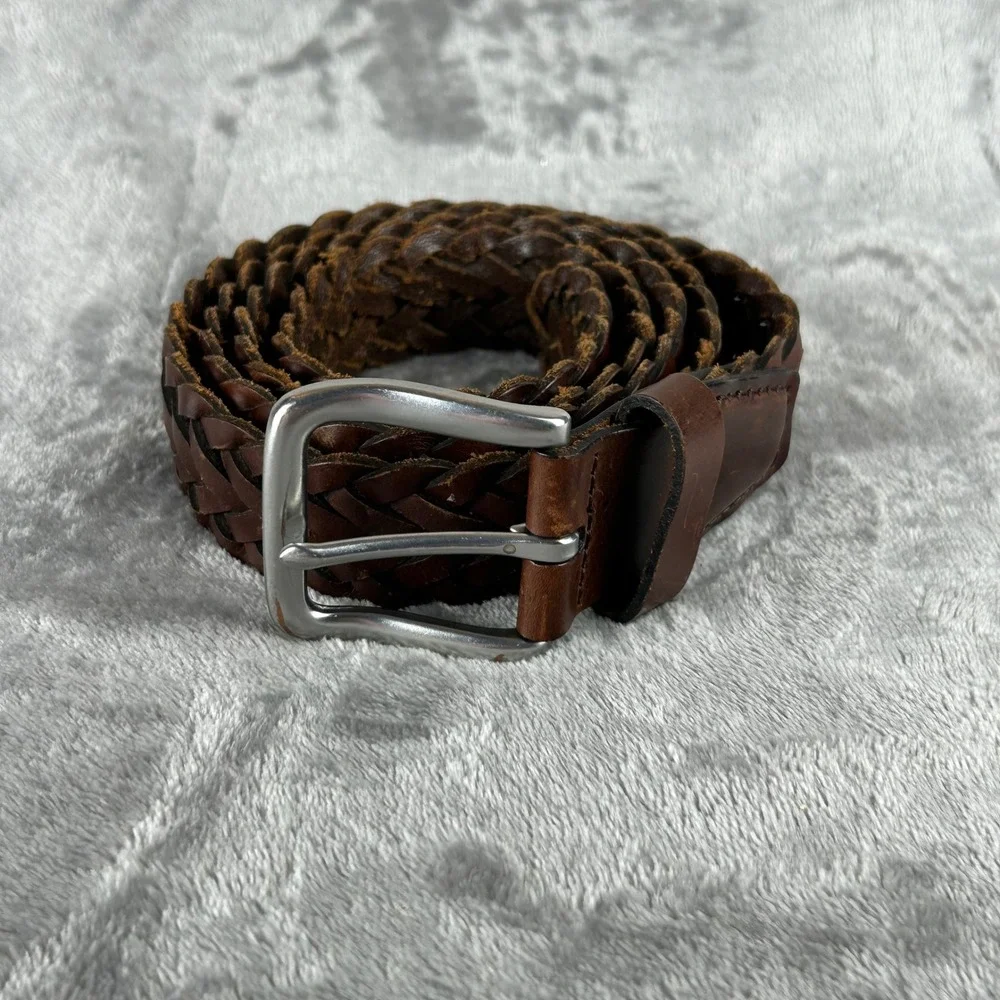 Mens Brown Braided Genuine Leather Belt Silver Buckle Size XL Woven 51 Inch